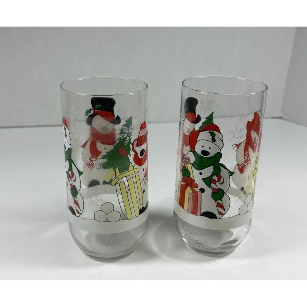 Vintage Luminarc Christmas Snowman Drinking Tumbler glasses Set Of 2